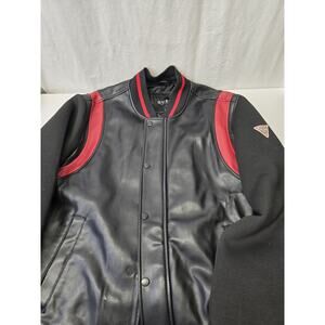 Vintage Guess Black Faux Leather Jacket, Red Accents, Mens Size Large, Y2k